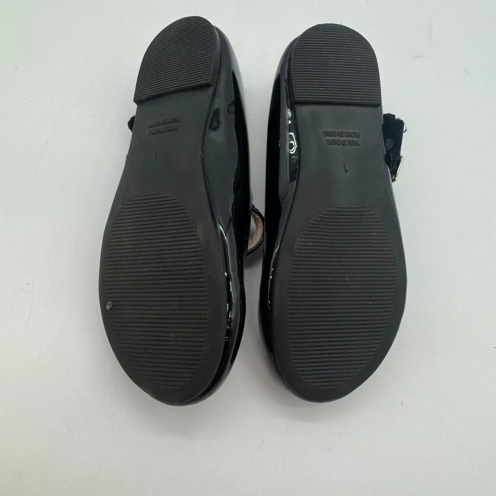Girls Size 1 Black Patent Mary Jane Flats Double Strap Gold Buckle Dress Shoes